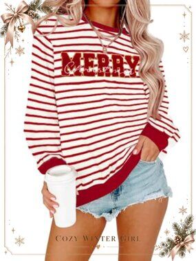 Womens Christmas Embroidered Striped Sweatshirt Crew Neck Pullover